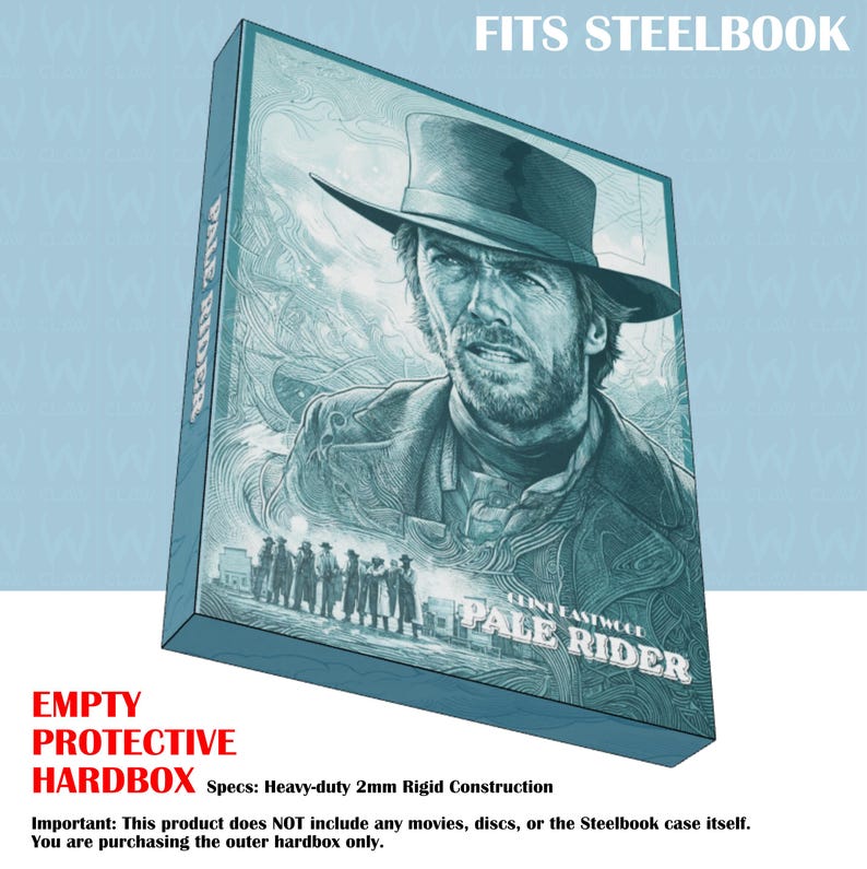 May include: A teal protective hardbox for a steelbook, with the film title "Pale Rider" and Clint Eastwood's image. The text "FITS STEELBOOK" is at the top. The box is made of heavy-duty 2mm rigid construction. The box is designed to fit a steelbook case.