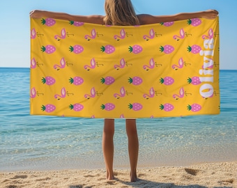 Gepersonaliseerde strandlaken, vrijgezellenfeesthanddoeken, handdoek zomerbenodigdheden, familie strandlakens, aangepaste naamhanddoeken voor de zomer