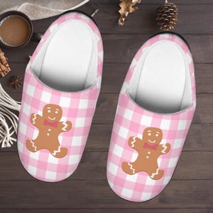 Cute Pink Christmas Women&#39;s Slippers, Cute Gingerbread Man Indoor Shoes - Holiday Footwear, Winter Slip-Ons, Gift for Her, Warm Slippers