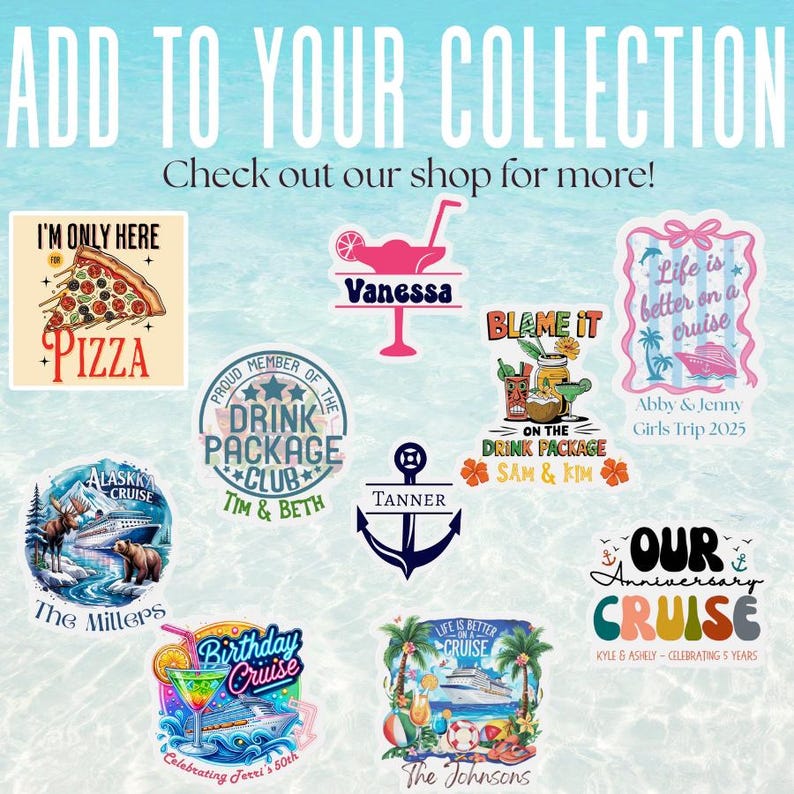 May include: A selection of vibrant stickers featuring diverse designs and text. Themes include pizza, cruises, cocktails, and personalized names. Ideal for customising items and celebrating events.