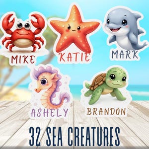 May include: A collection of colorful sea creature stickers, including a crab, starfish, dolphin, seahorse, and turtle. Each sticker has a name printed below. The image also includes the text "32 SEA CREATURES".