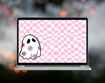 Pink Halloween Desktop Wallpaper, Fall Ghost Laptop Background, Pink Halloween Laptop Screensaver, Digital Download, MacBook Wallpaper