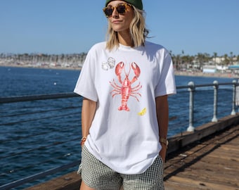 Camiseta de langosta, colores cómodos, estética de pescador, estilo preppy de Nueva Inglaterra, vaquera costera, nieta costera