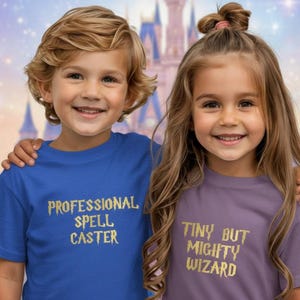 Tiny But Mighty Wizard Youth Tee, Professional Spell Caster Kids Shirt, Magic Wizard Tee with Metallic Gold Lettering, Fantasy Kids Shirt
