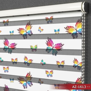 Custom Size Butterfly Pattern Kids Room Zebra Blind - Cute Child&#39;s Roller Shade - Easy to Install Zebra Curtain for Nursery or Playroom