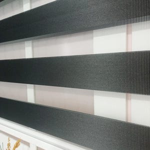 Glossy Black Zebra Roller Blind – Shiny Modern Day & Night Shade – Custom Size Dual Layer Blind – Sleek Light Filtering Window Curtain