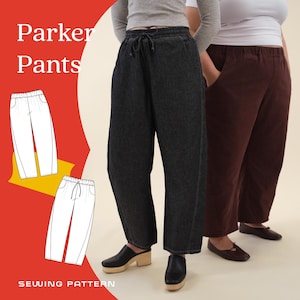 Può includere: L'immagine mostra un modello di cucito per "Parker Pants". Il design è illustrato con due disegni a tratto bianco dei pantaloni. L'immagine presenta due persone che indossano i pantaloni in nero e marrone. Le parole "Parker Pants" sono in testo bianco.