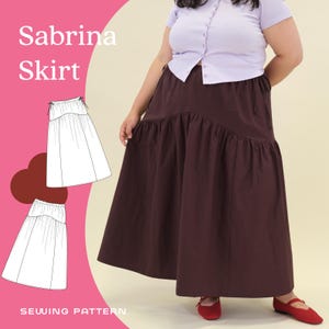 May include: A woman wearing a dark brown Sabrina skirt with a tiered, asymmetrical hemline. The skirt is paired with a light purple top and red flats. The image also features a sewing pattern illustration of the skirt and the text "Sabrina Skirt" and "Sewing Pattern".