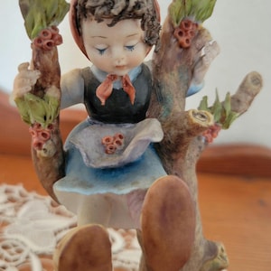 Antique CAPODIMONTE 6.5 inch FIGURINE Girl Seated In Tree With Dog