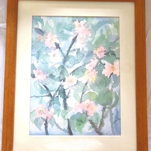 Stampa ad acquerello firmata "Apple Blossom" di LINDA FAY POWELL c1990 Incorniciata