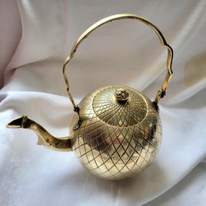 Vintage Artisinal Brass 1 Litre Tea Kettle | Hoop Handle | Art Deco Signed Pineapple