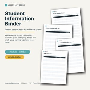 May include: A Student Information Binder digital download featuring printable and editable forms. Includes a Master Student Roster, Medical & Allergy Alert List, Accommodations Quick Reference, and Small Group Planner with dark blue headers on white paper.