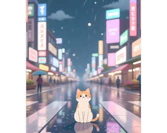 May include: A wall calendar featuring a cartoon cat sitting on a wet city street at night. The scene includes glowing neon signs in various colors, rain falling, and reflections on the ground. The cat is white and orange with a simple, friendly face.