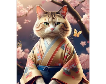 May include: A wall calendar featuring a tabby cat wearing a beige kimono with red and blue floral patterns and a blue obi sash. The cat is surrounded by pink cherry blossoms and orange butterflies against a soft, blurred, light-filled background.