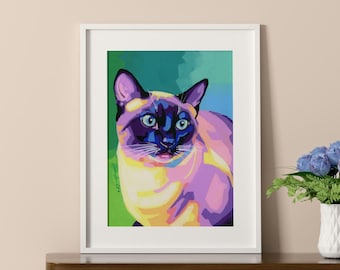 Siamese Cat Art Print, Colorful Cat  Wall Art, Siamese Lover Gift, Maximalist Pet Portrait, Cat Mom Decor, Modern Animal Wall Art