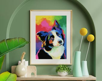 Border Collie Art Print, Colorful Dog Wall Art, Border Collie Lover Gift, Maximalist Pet Portrait, Dog Mom Decor, Modern Animal Wall Art