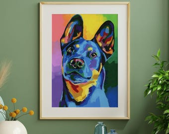 Australian Cattle Dog Art Print, Colorful Dog Wall Art, Cattle Dog Lover Gift, Maximalist Pet Portrait, Dog Mom Decor Modern Animal Wall Art