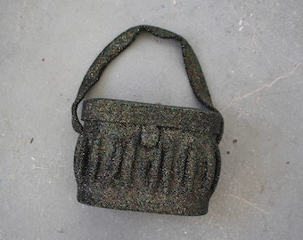 1940s vintage beaded purse / 40s bead evening bag / 40s beaded box purse / iridescent dark green seed bead purse / pinup purse