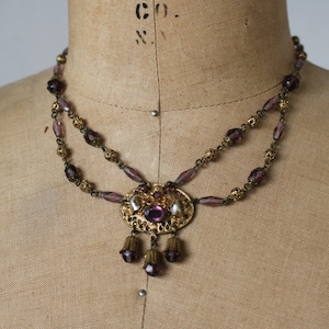 vintage 1930s brass and glass bead necklace / 30s art deco necklace / 30s plum glass beaded necklace / amethyst glass bead brass bells image 1