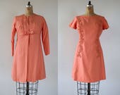 vintage 1960s dress and jacket set 60s peach party dress 60s lace beaded rhinestone dress 60s empire waist coat sylvia ann set M L