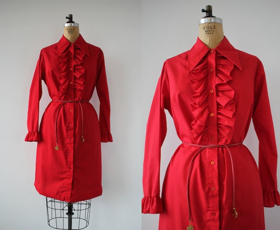 vintage 1970s dress / 70s shirt dress / 70s ruffle