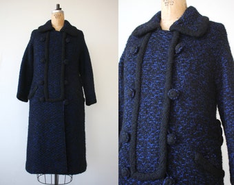 vintage 60s coat / 60s black and blue coat / 1960s double breasted coat / woven wool coat / 1960s winter jacket / small medium