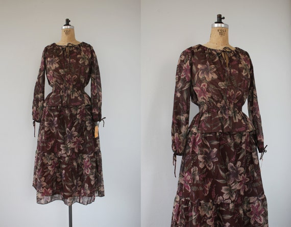 vintage 1970s dress set / 70s blouse skirt set / 7