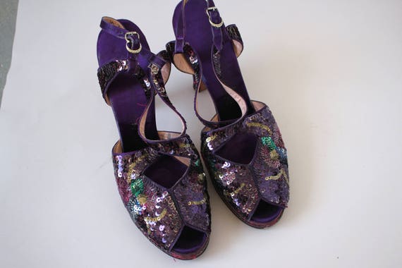 vintage 1940s platform heels / 40s purple sequin … - image 9