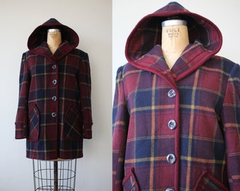 vintage 1980s coat / 80s plaid jacket / 80s winter coat / hooded coat / 80s wool boxy jacket /maroon navy plaid coat / medium large