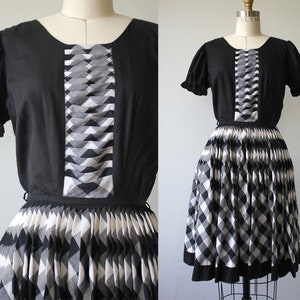 vintage 1960s dress / 60s square dance dress / 60s black white plaid print dress / 60s full skirt dress / buffalo check dress / xs small image 1