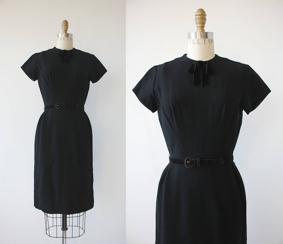 vinage 1950s black dress / 50s black wool dress /