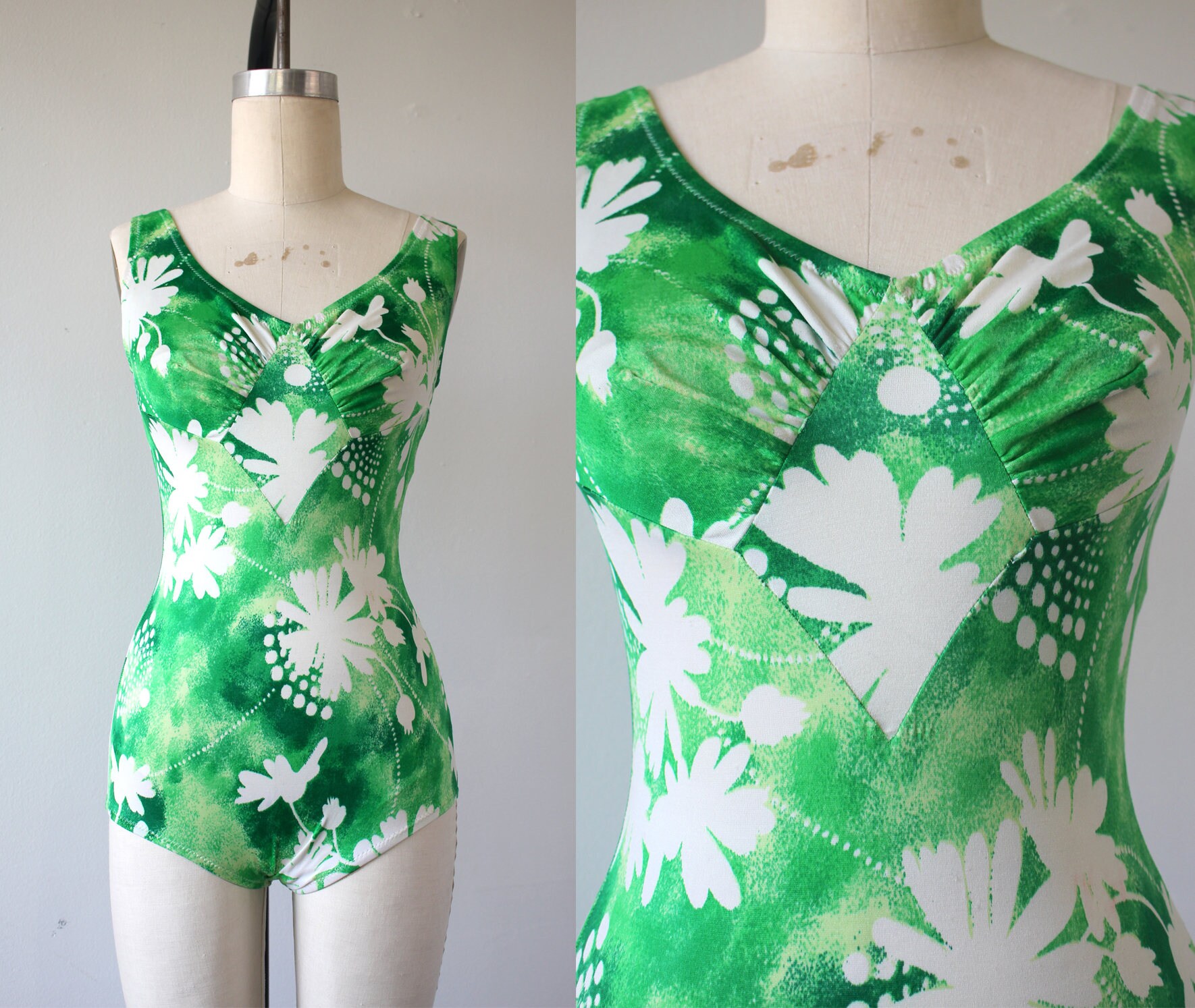 Vintage 1960s Bathing Suit 60s Green Floral Batik One Piece Etsy Singapore