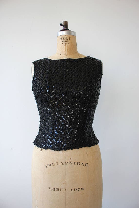 vintage 1960s shirt / 60s black sequin top / blac… - image 1