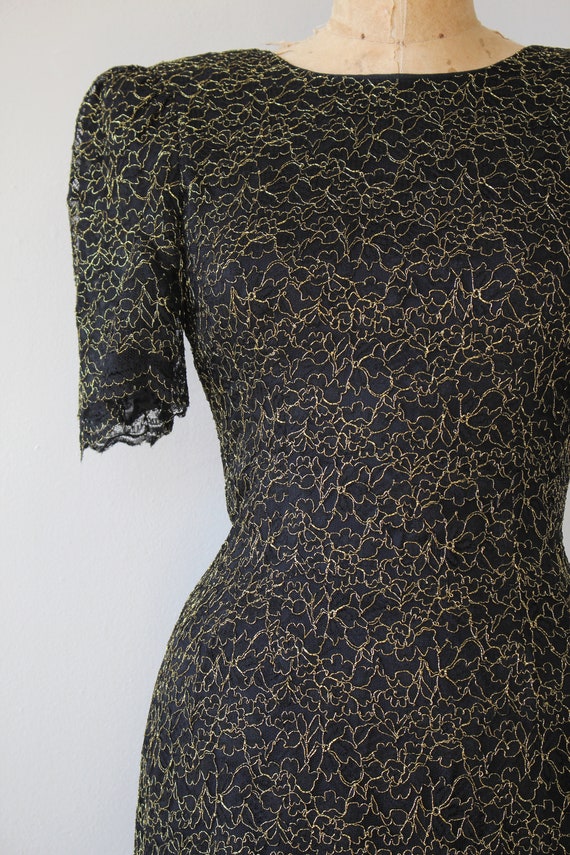 vintage 1980s dress / 80s black gold lace dress /… - image 3