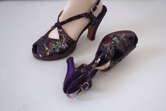 vintage 1940s platform heels / 40s purple sequin … - image 1