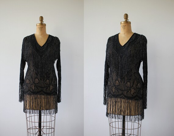 vintage 1970s black fringe top / 70s fredericks of