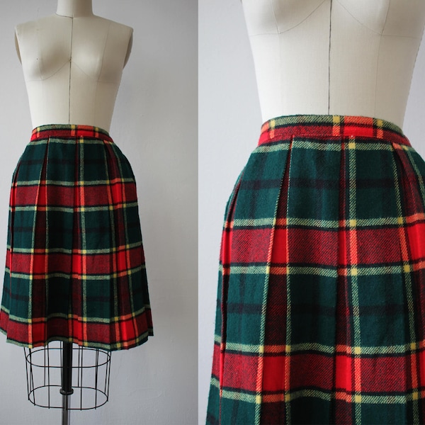 vintage 1960s skirt / 60s plaid skirt / 60s rainbow plaid wool skirt / 60s pleated skirt / 1960s school girl skirt / 26 inch waist 25 inch