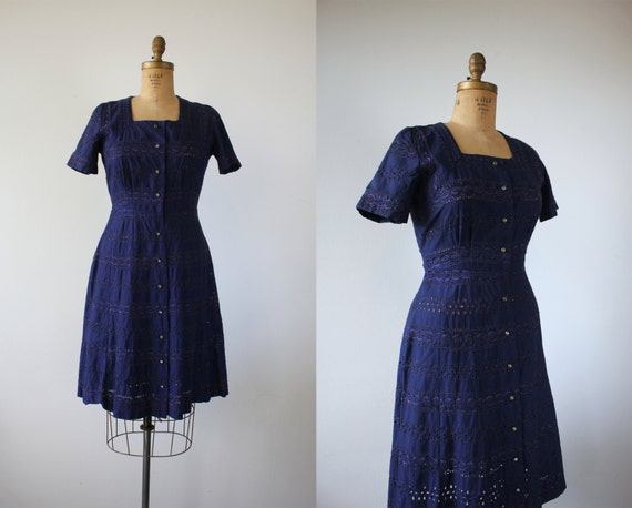 vintage 1940s dress / 40s navy blue eyelet dress /