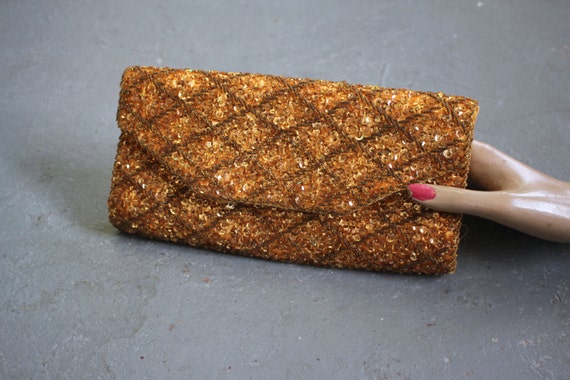 vintage 1950s evening bag / 50s gold beaded clutch