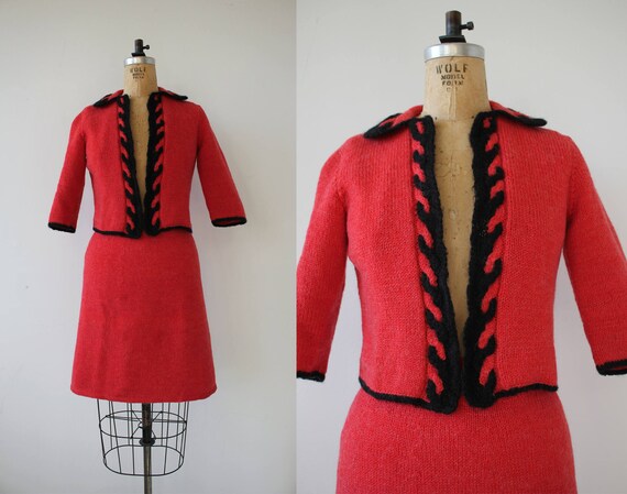 vintage 1960s suit / 60s red knit suit / 60s croch