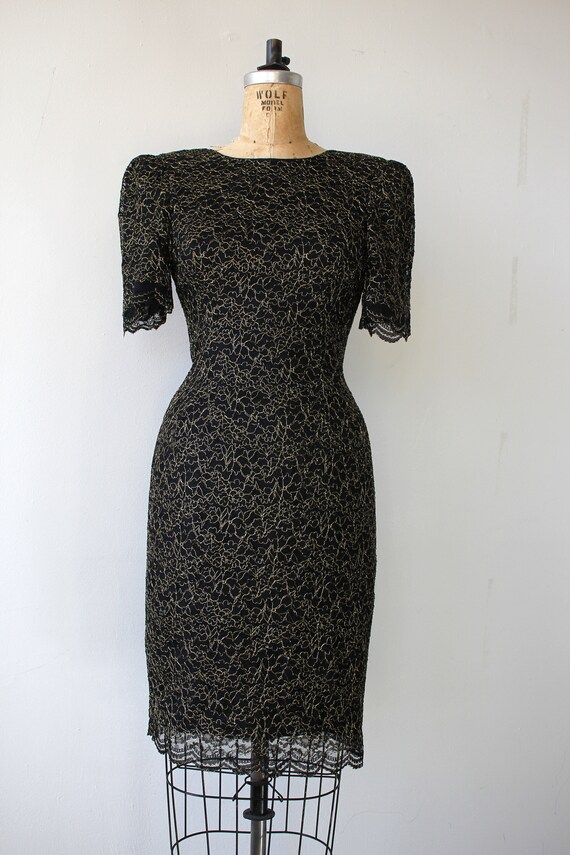 vintage 1980s dress / 80s black gold lace dress /… - image 2