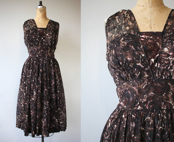 vintage 1950s dress / 50s brown dress / 50s sheer