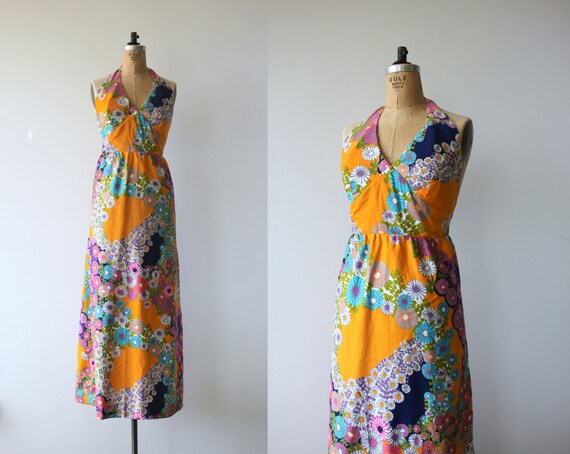 1960s vintage maxi dress / 60s halter maxi dress /