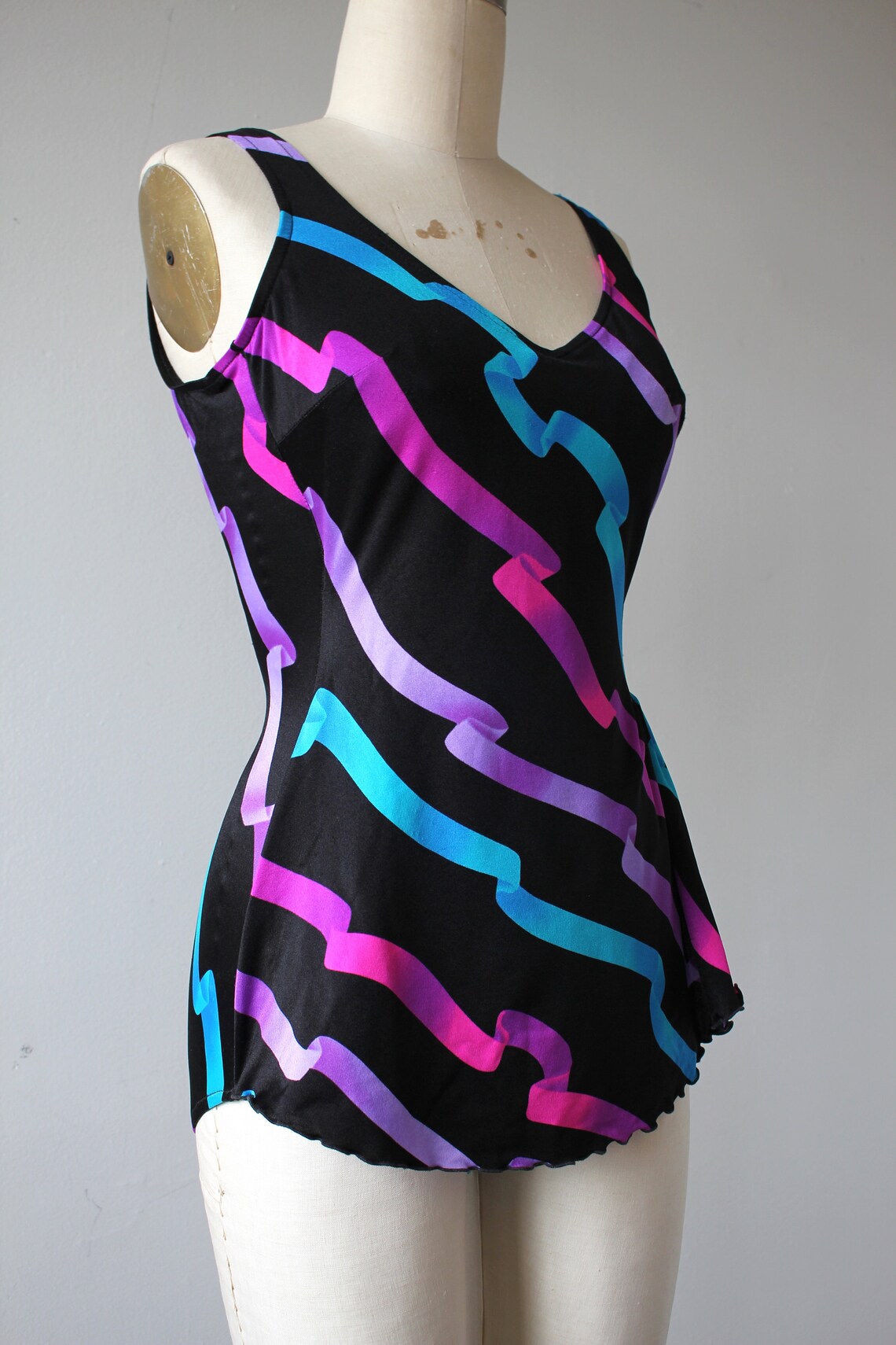 Vintage 1980s bathing suit / 80s bright neon ribbons swimsuit Etsy