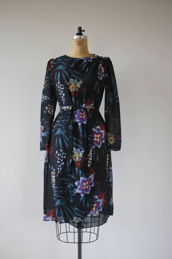 vintage 1970s dress / 70s 80s navy blue floral dr… - image 2