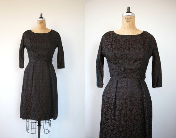 vintage 1950s dress / 50s black brown leslie fay d