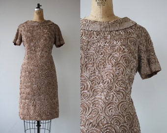 vintage 1960s dress / 60s metallic ribbon dress / 60s silver accent dress / 60s shift dress / 60s party dress / 60s light mocha dress / M L