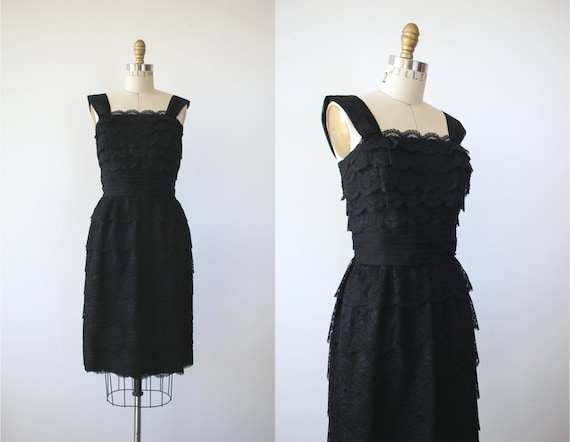 vintage 1950s black lace dress / 50s tiered lace d