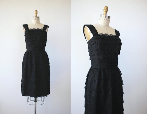 vintage 1950s black lace dress / 50s tiered lace … - image 1