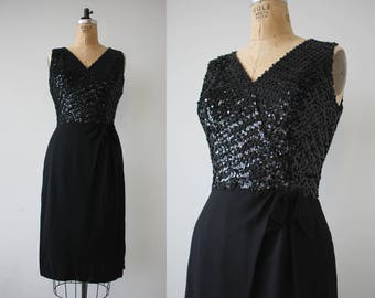 1960s vintage dress / 60s black sequin party dress / 60s rayon cocktail dress / 60s little black dress / 60s LBD / 60s NYE dress / medium